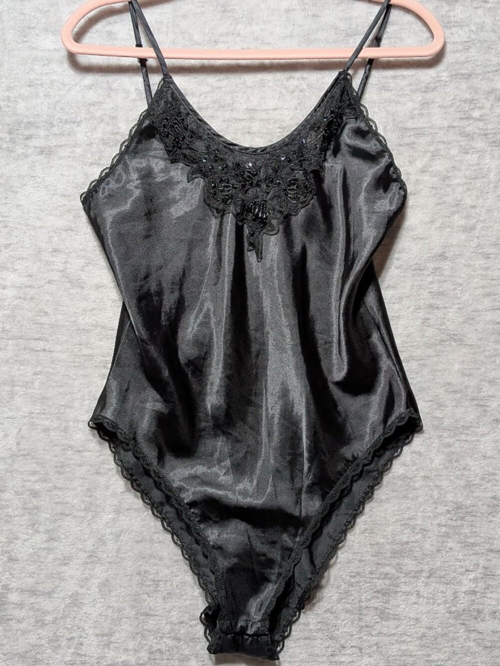 Vtg Black Teddy, Lace Beads Sequins, Nylon One Piece, 36, Avon, Made in Canada